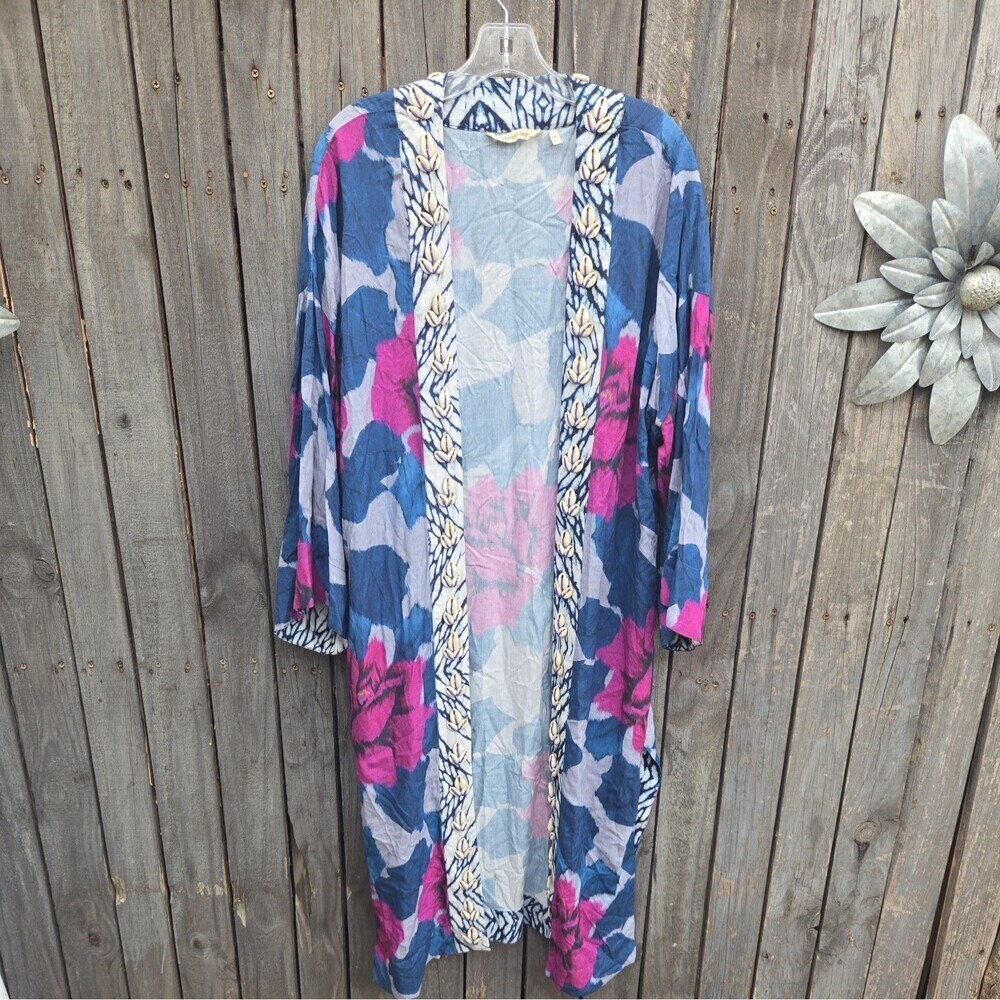 Soft Surroundings Kimono size L/XL Duster Floral Puka Shells Blue